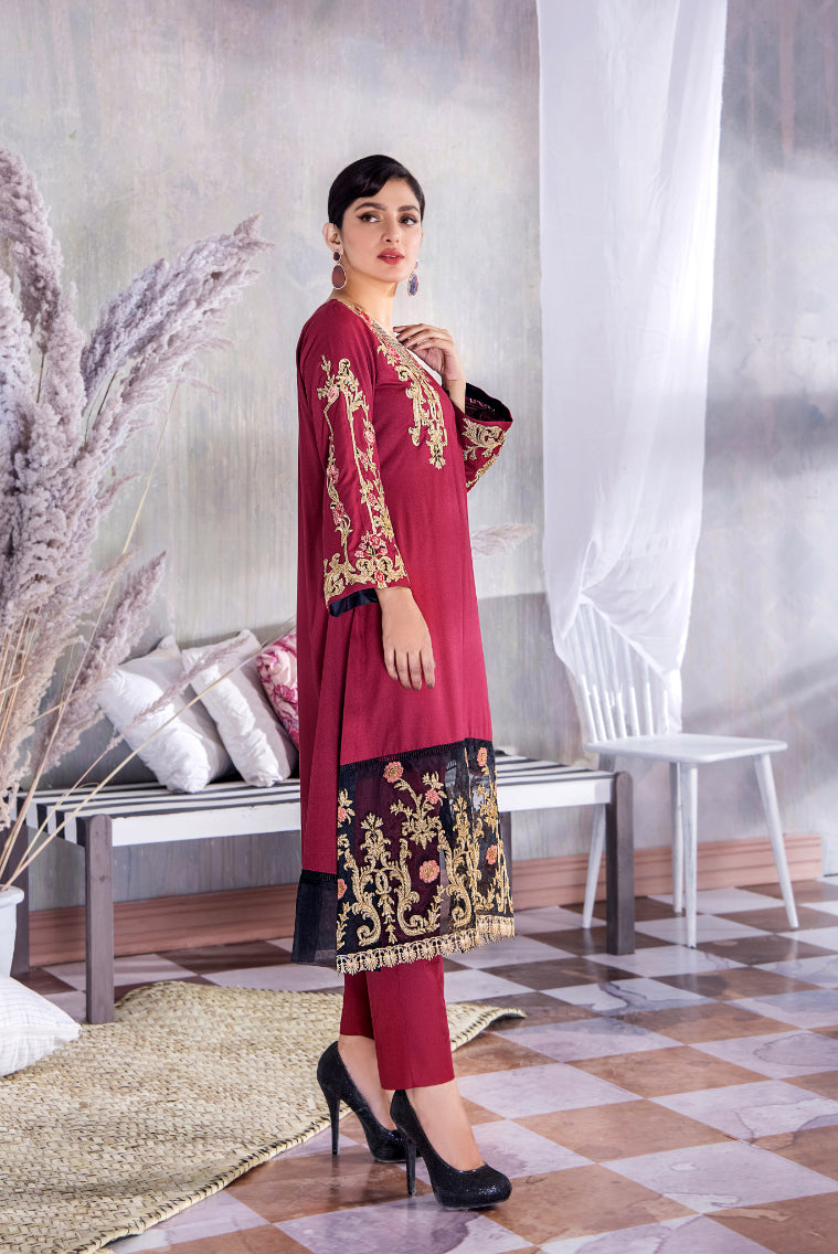 2 Piece Maroon-Black Two Tone Embroidered Dress (CC 478)