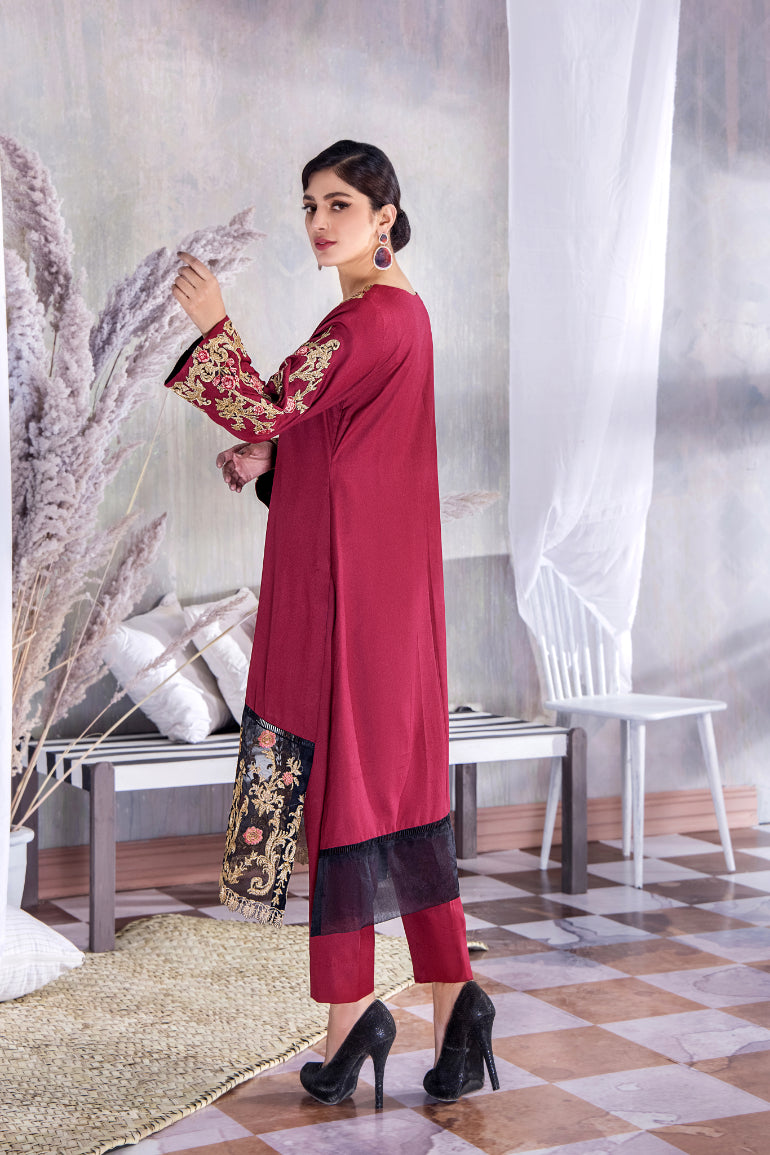 2 Piece Maroon-Black Two Tone Embroidered Dress (CC 478)