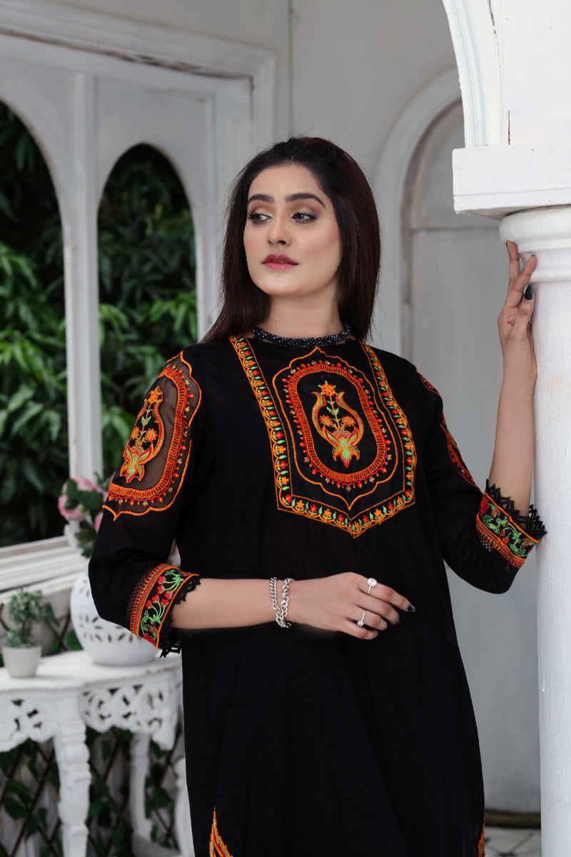 Exclusive black dress with hand embroidery & mirror work – Sujatra