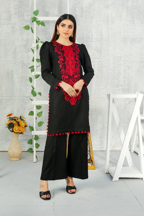 2 Piece Black With Mahroon Embroidered Dress (CC 481)