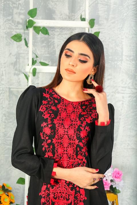 2 Piece Black With Mahroon Embroidered Dress (CC 481)